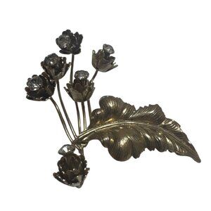 Vintage Floral Brooch Gold-Tone Metal Leaf Design With Rhinestone Accents